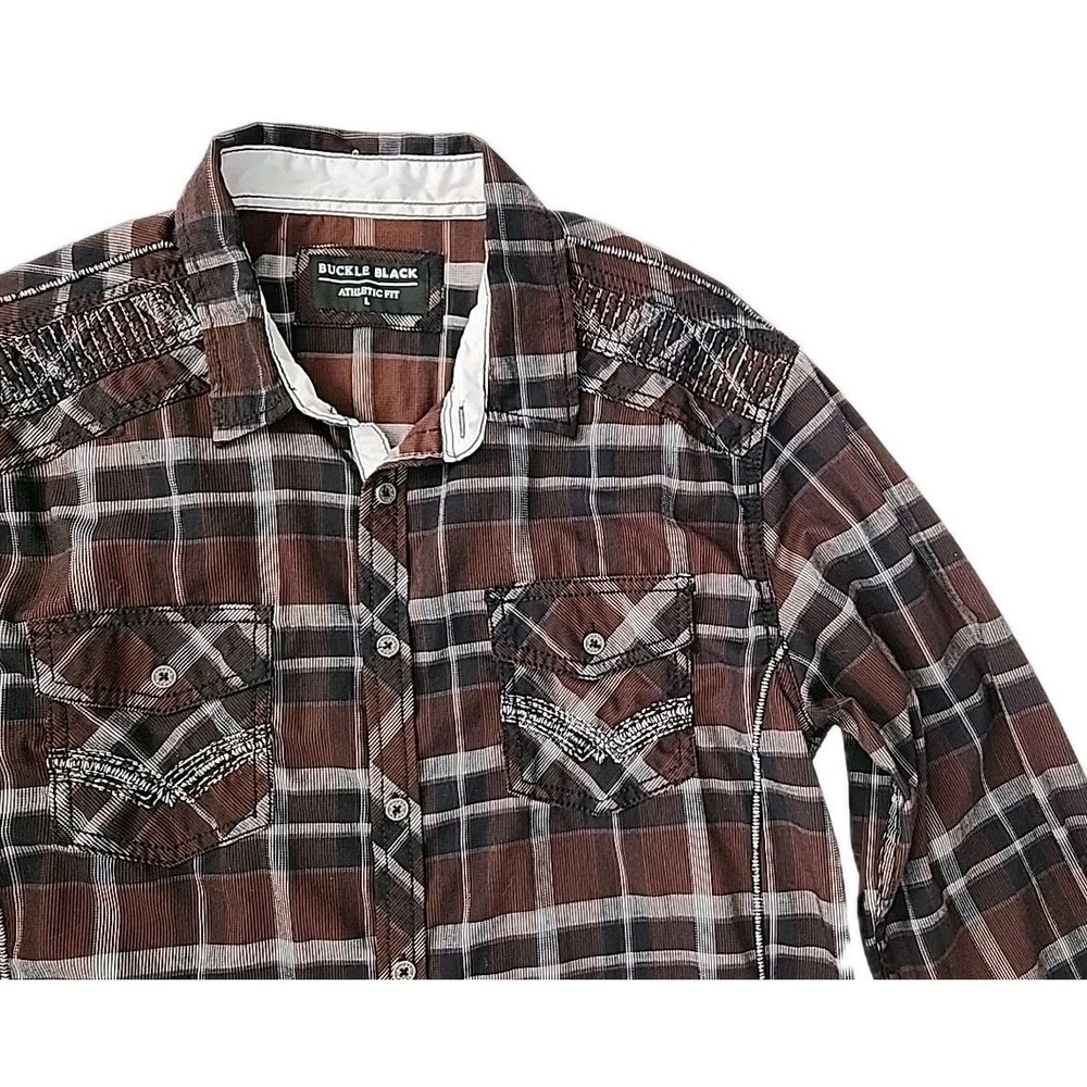 Buckle Black Men's Large Western Brown/Black Plaid Long Sleeve Athletic Fit